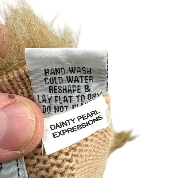 Storybook Knits Pearl Beaded Fur Trimmed Cardigan Sweater Tan Camel Size Small - Picture 14 of 14